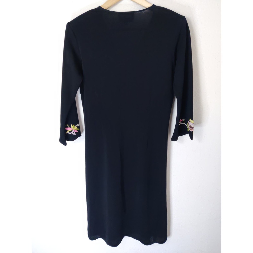 3/$20 Thom Smith Black Embroidered Floral Long Sleeve V-Neck Silk Midi Dress S - Picture 5 of 9
